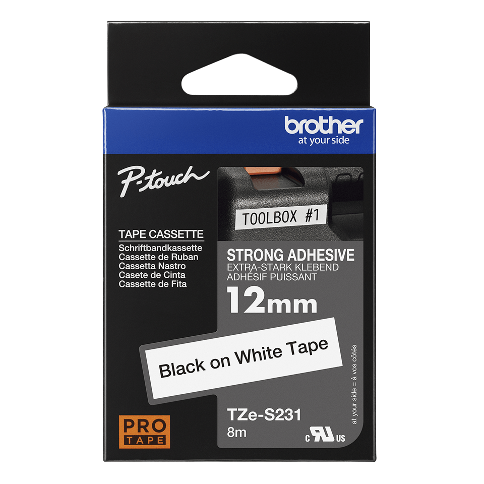 Genuine Brother TZe-S231 Labelling Tape Cassette – Black on White, 12mm wide TZe-S231 - оригинална Brother лента, с черен текст на бяла силно залепваща лента и ширина 12mm 3